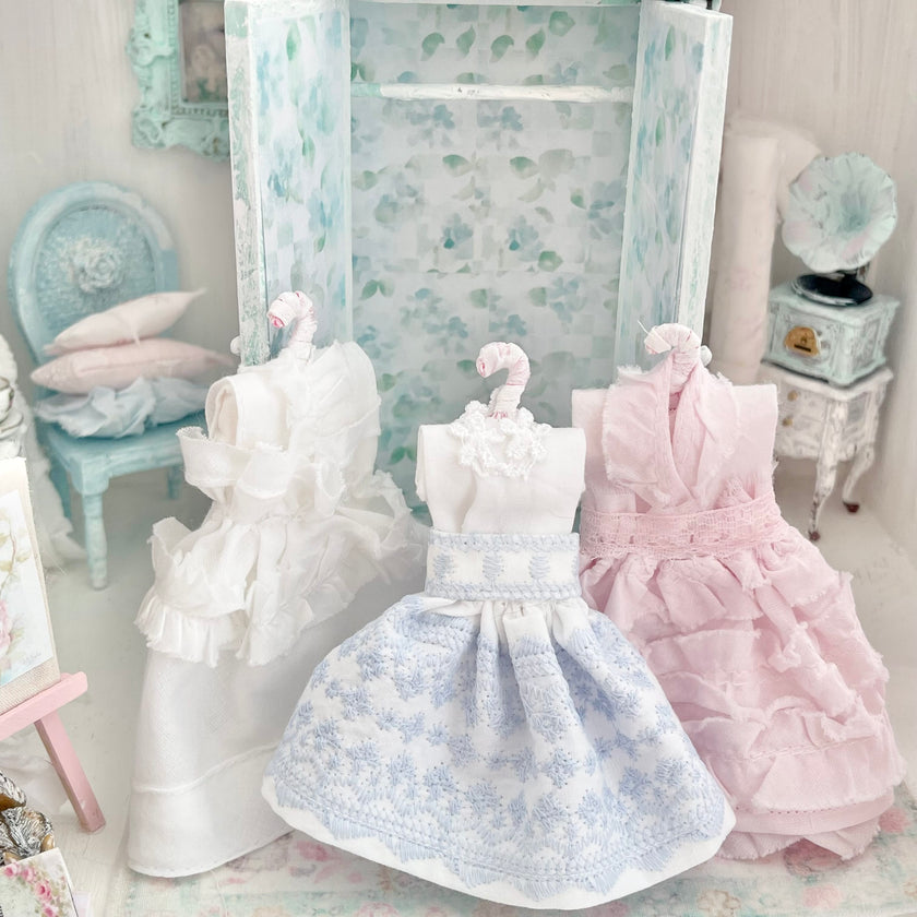 Chantallena Furniture Mint Green Floral Decoupaged Armoire with Romantic Shabby Display Dresses-1:12 Scale |Painted Petals Furniture |Chantallena