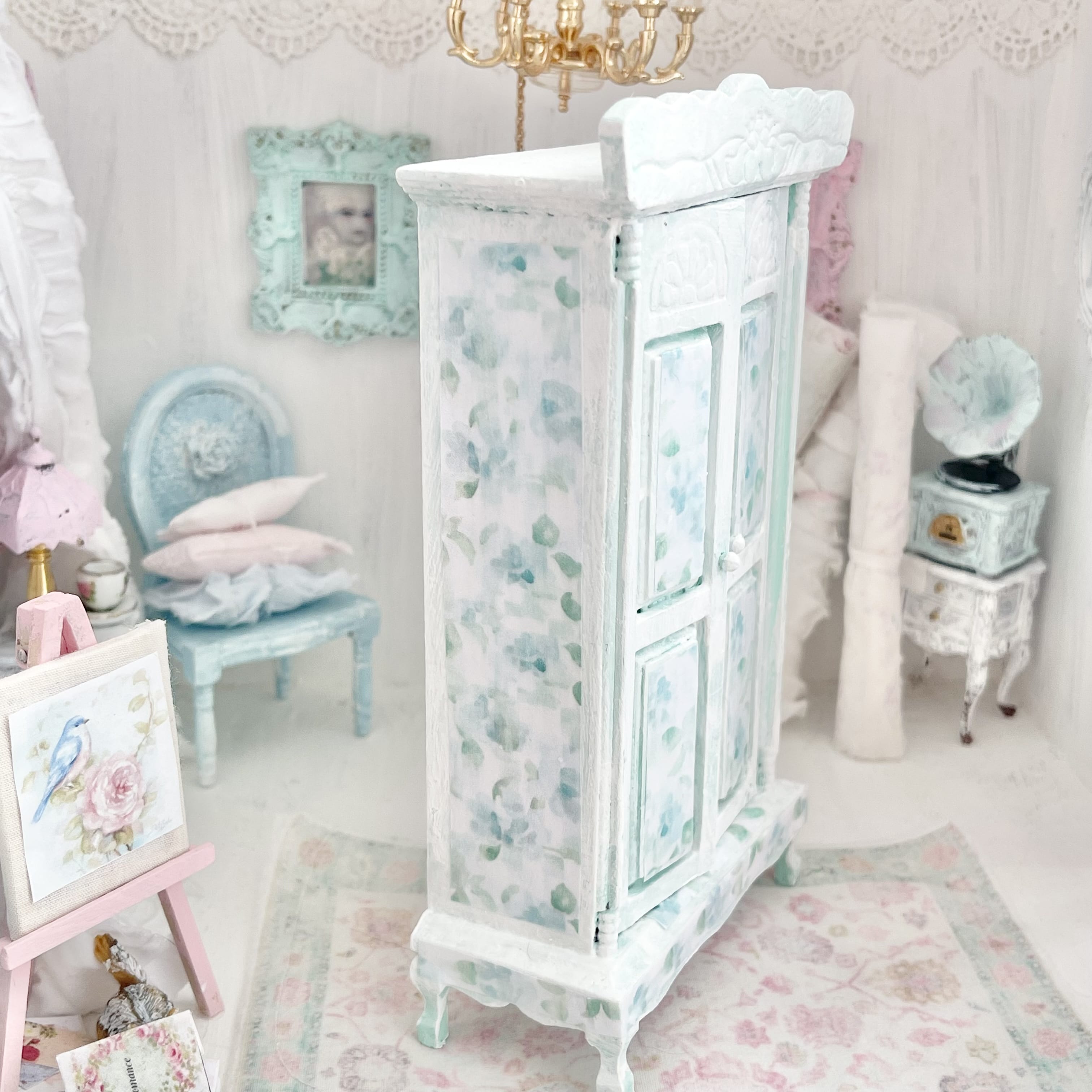 Chantallena Furniture Mint Green Floral Decoupaged Armoire with Romantic Shabby Display Dresses-1:12 Scale |Painted Petals Furniture |Chantallena