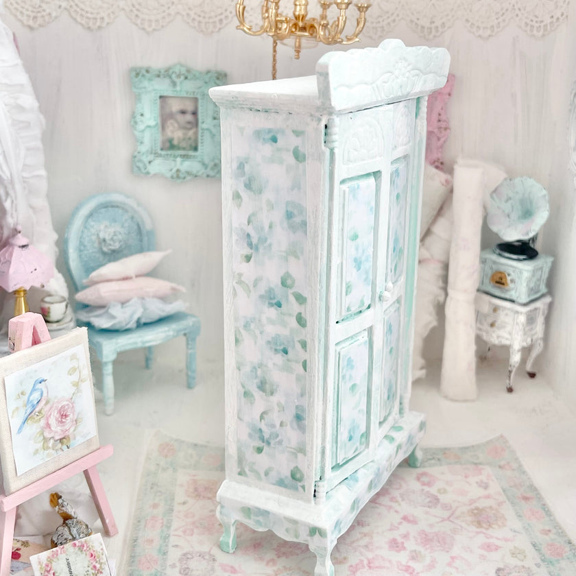 Chantallena Furniture Mint Green Floral Decoupaged Armoire with Romantic Shabby Display Dresses-1:12 Scale |Painted Petals Furniture |Chantallena