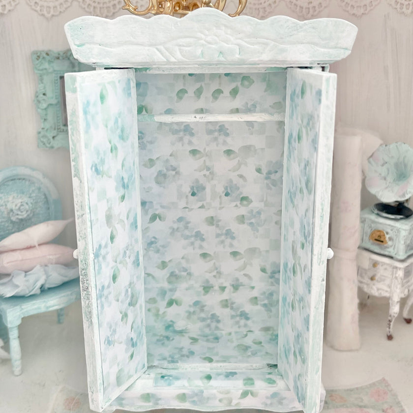 Chantallena Furniture Mint Green Floral Decoupaged Armoire with Romantic Shabby Display Dresses-1:12 Scale |Painted Petals Furniture |Chantallena