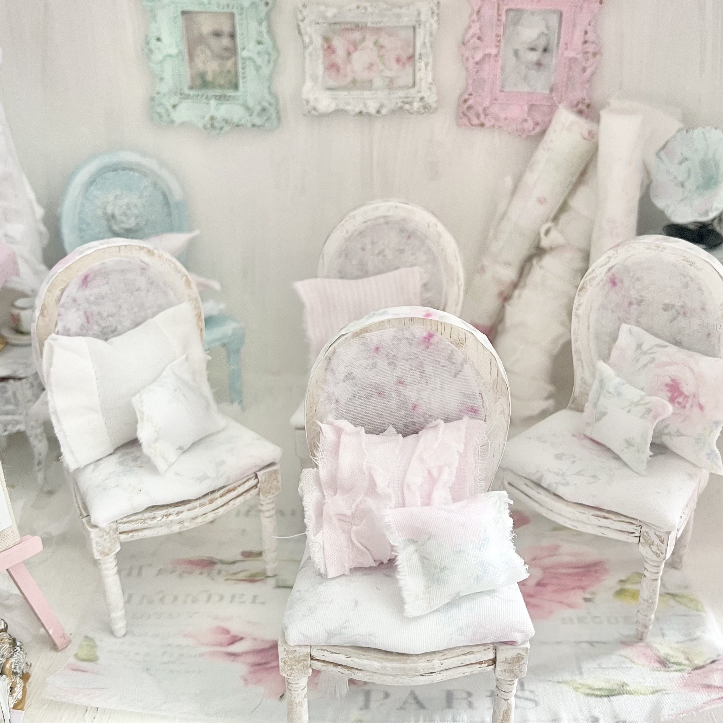 Chantallena Furniture Shabby Dining Table Set with Accessories-1:12 Scale Dollhouse | Painted Petals Furniture |Chantallena