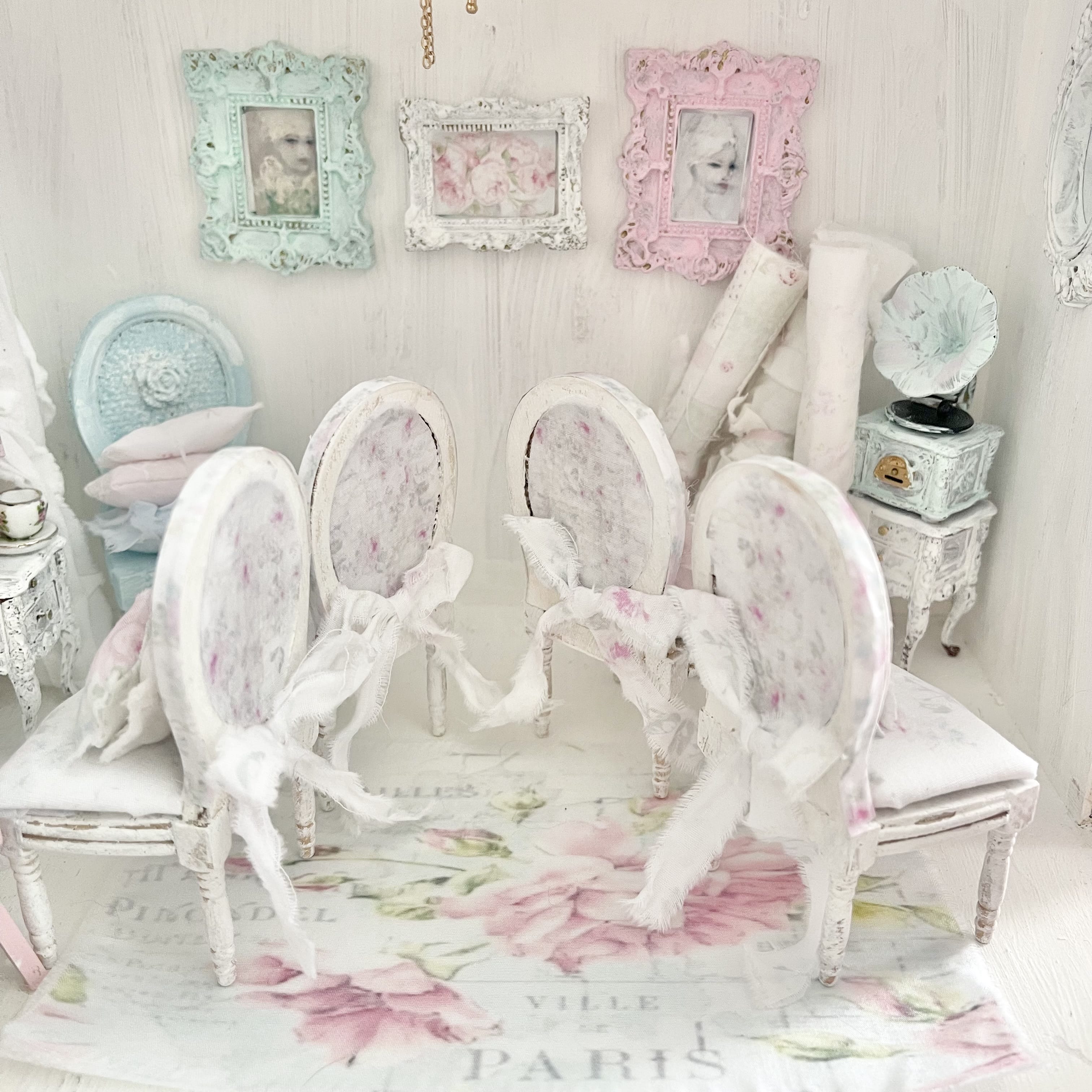 Chantallena Furniture Shabby Dining Table Set with Accessories-1:12 Scale Dollhouse | Painted Petals Furniture |Chantallena