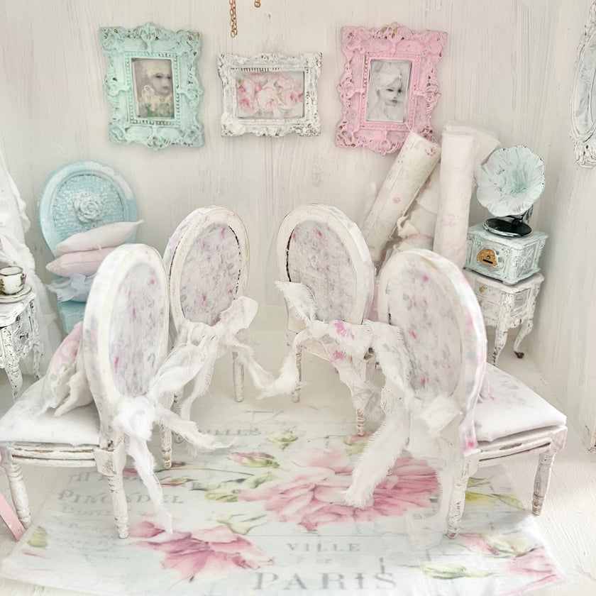 Chantallena Furniture Shabby Dining Table Set with Accessories-1:12 Scale Dollhouse | Painted Petals Furniture |Chantallena