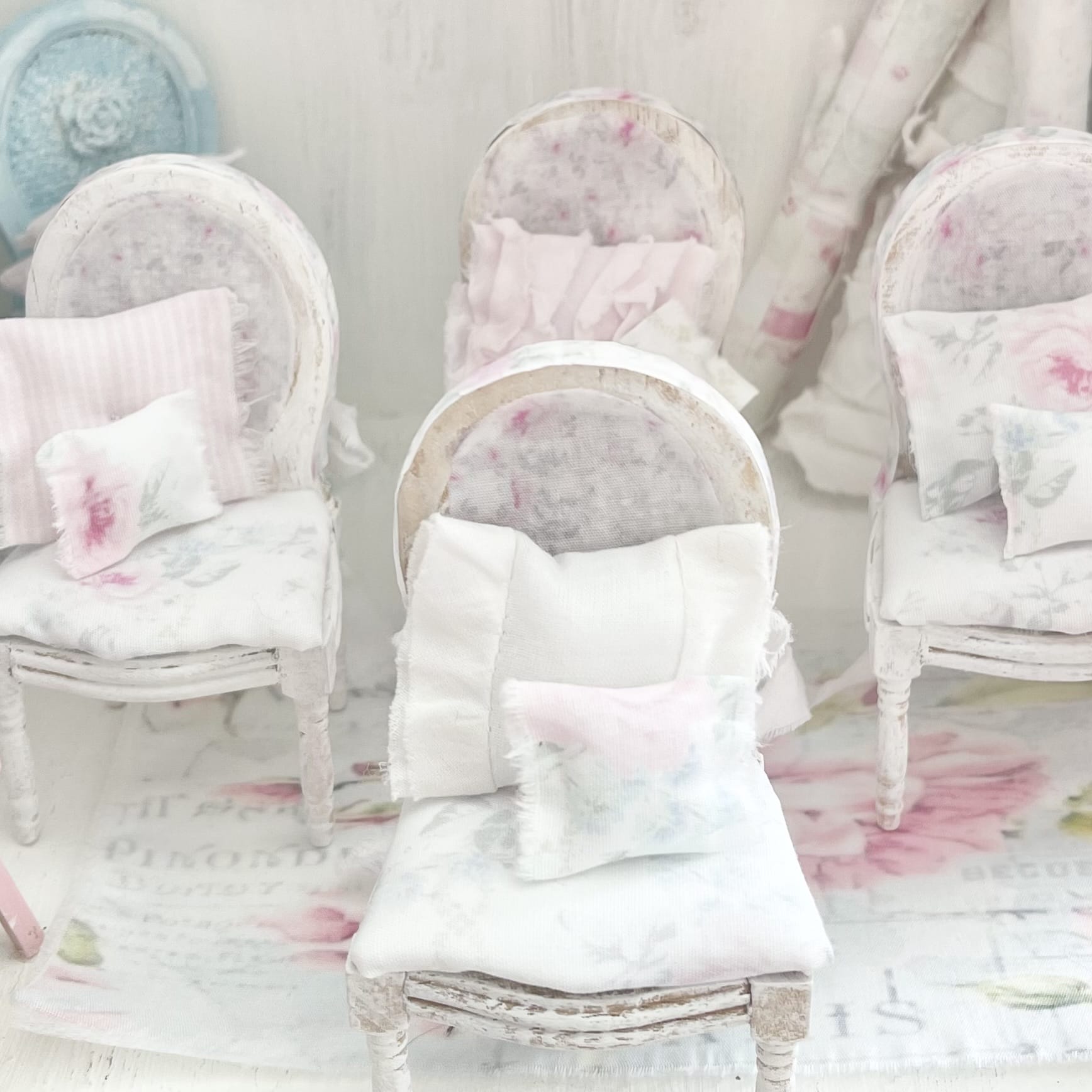 Chantallena Furniture Shabby Dining Table Set with Accessories-1:12 Scale Dollhouse | Painted Petals Furniture |Chantallena