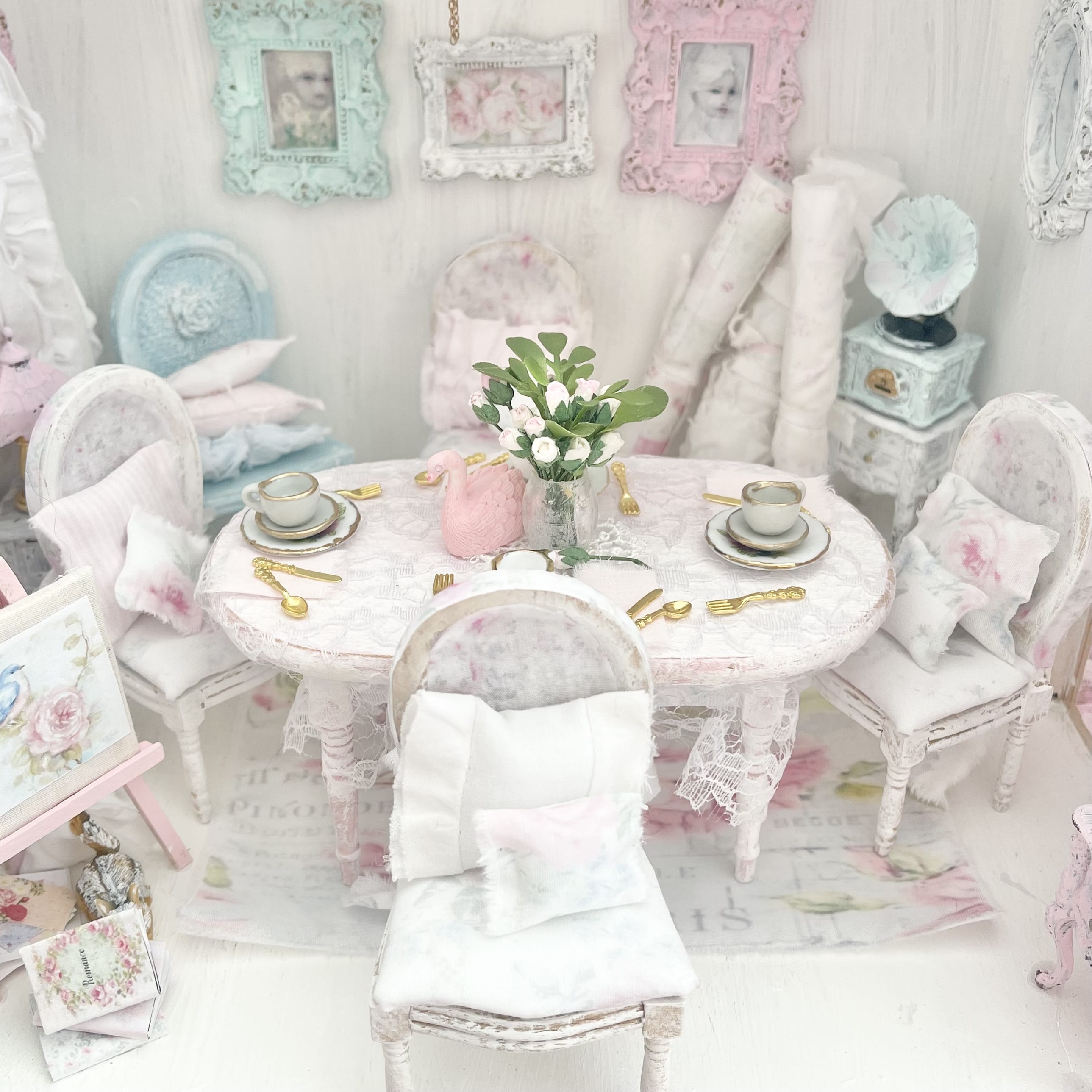 Chantallena Furniture Shabby Dining Table Set with Accessories-1:12 Scale Dollhouse | Painted Petals Furniture |Chantallena