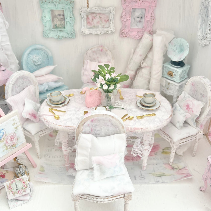 Chantallena Furniture Shabby Dining Table Set with Accessories-1:12 Scale Dollhouse | Painted Petals Furniture |Chantallena