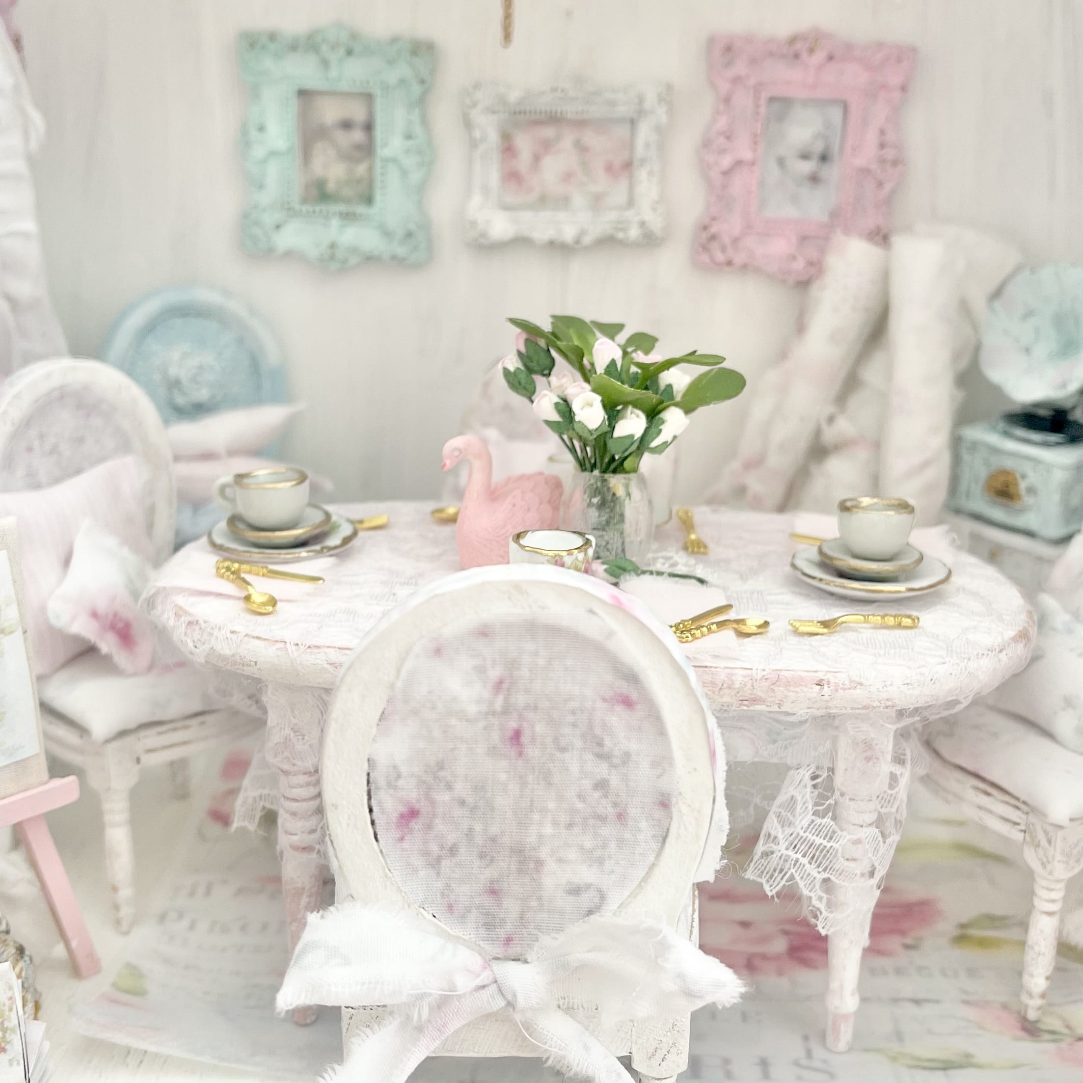 Chantallena Furniture Shabby Dining Table Set with Accessories-1:12 Scale Dollhouse | Painted Petals Furniture |Chantallena