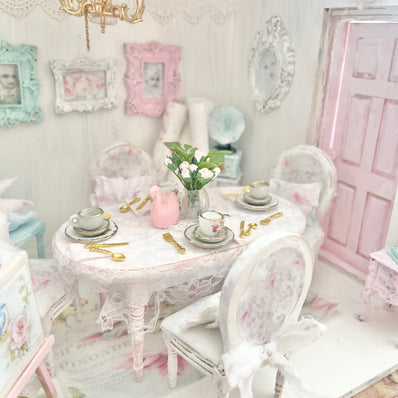 Chantallena Furniture Shabby Dining Table Set with Accessories-1:12 Scale Dollhouse | Painted Petals Furniture |Chantallena