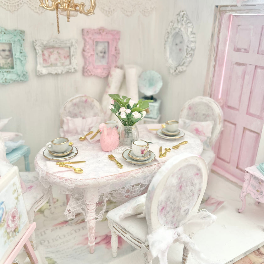 Chantallena Furniture Shabby Dining Table Set with Accessories-1:12 Scale Dollhouse | Painted Petals Furniture |Chantallena