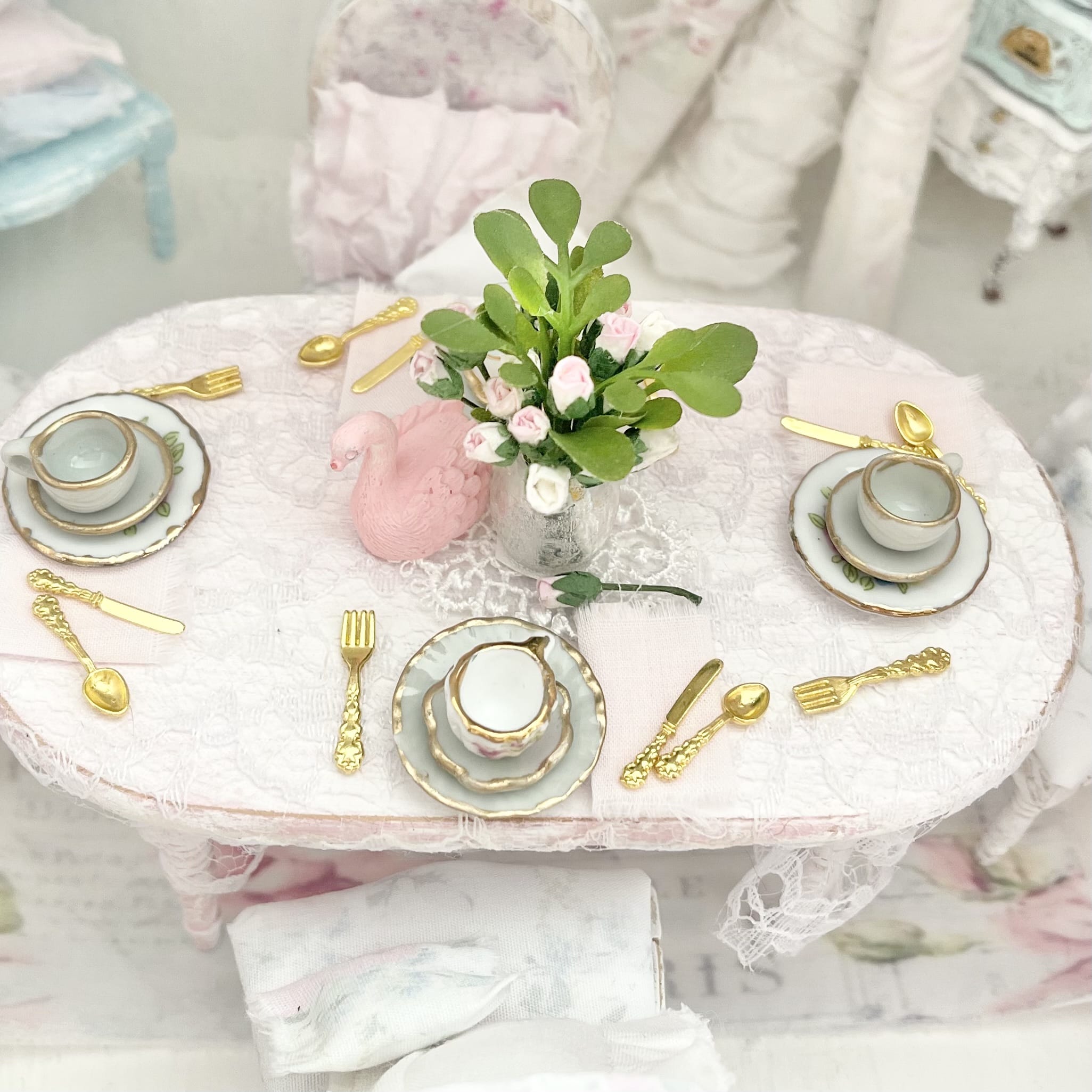 Chantallena Furniture Shabby Dining Table Set with Accessories-1:12 Scale Dollhouse | Painted Petals Furniture |Chantallena