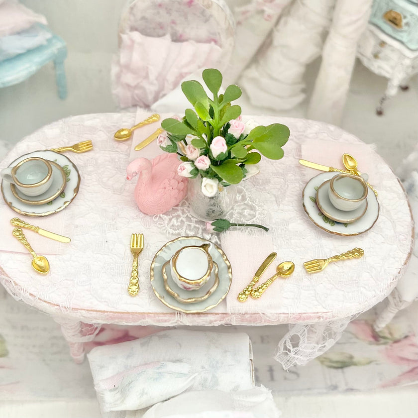 Chantallena Furniture Shabby Dining Table Set with Accessories-1:12 Scale Dollhouse | Painted Petals Furniture |Chantallena