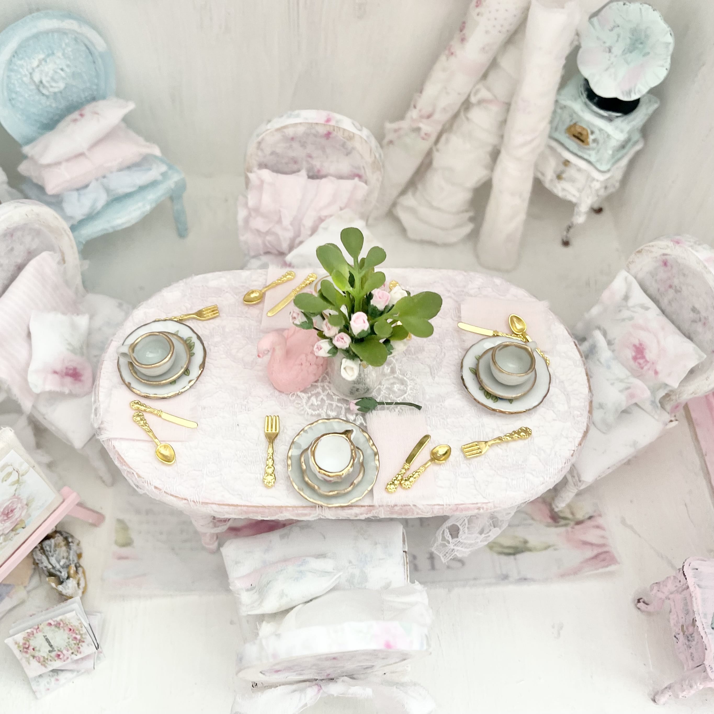 Chantallena Furniture Shabby Dining Table Set with Accessories-1:12 Scale Dollhouse | Painted Petals Furniture |Chantallena
