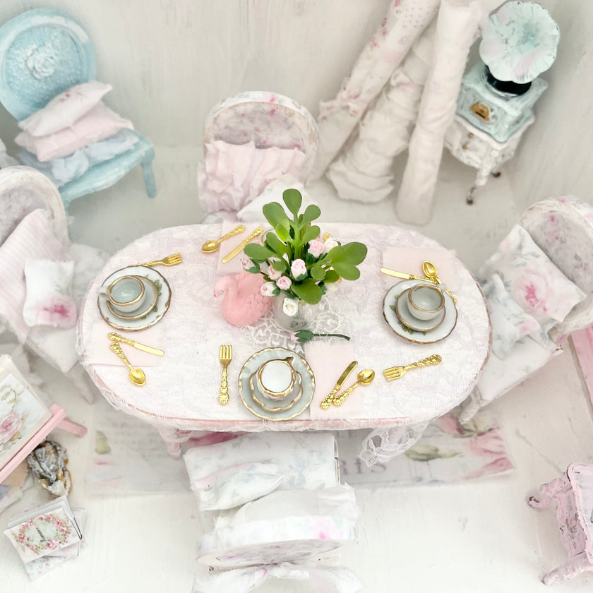 Chantallena Furniture Shabby Dining Table Set with Accessories-1:12 Scale Dollhouse | Painted Petals Furniture |Chantallena
