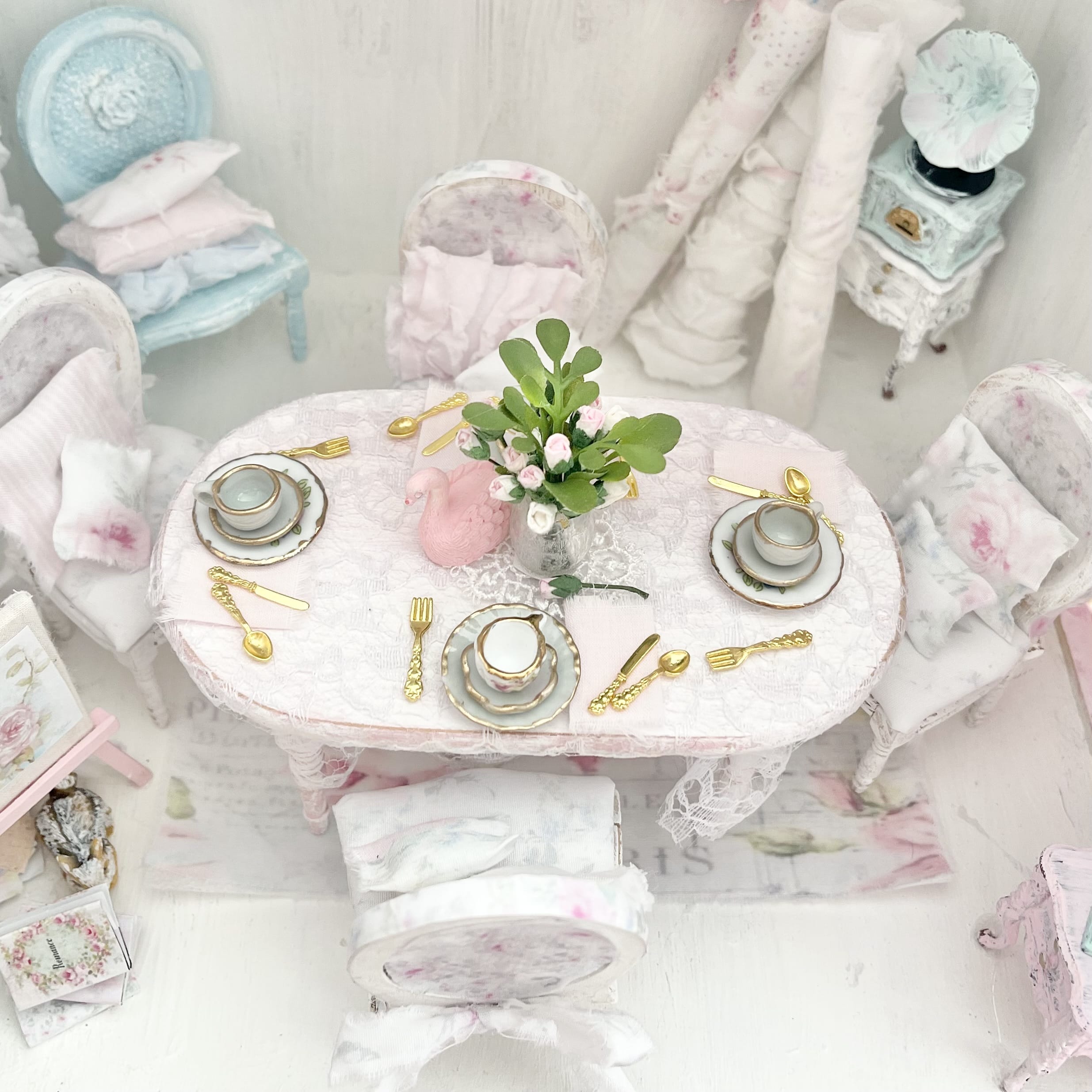 Chantallena Furniture Shabby Dining Table Set with Accessories-1:12 Scale Dollhouse | Painted Petals Furniture |Chantallena