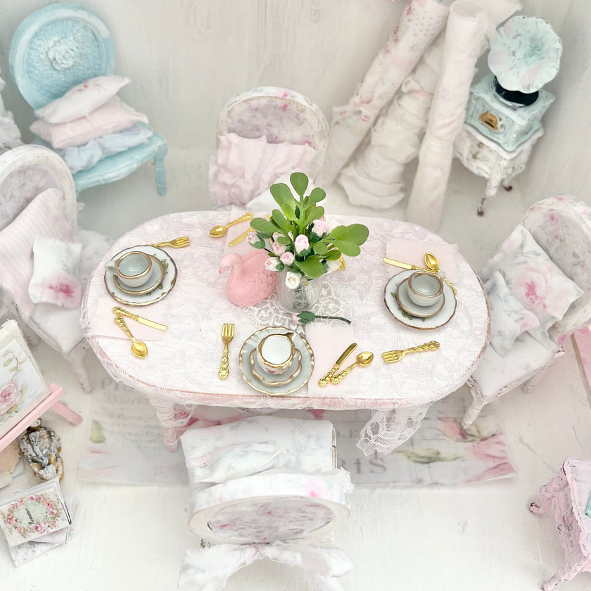 Chantallena Furniture Shabby Dining Table Set with Accessories-1:12 Scale Dollhouse | Painted Petals Furniture |Chantallena