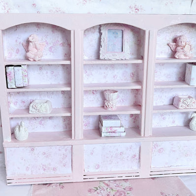Chantallena Furniture Shabby Pink Roses Bookcase with Accessories| 1:12 Scale Painted Petals Furniture |Chantallena