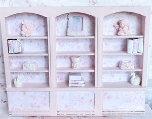 Chantallena Furniture Shabby Pink Roses Bookcase with Accessories| 1:12 Scale Painted Petals Furniture |Chantallena