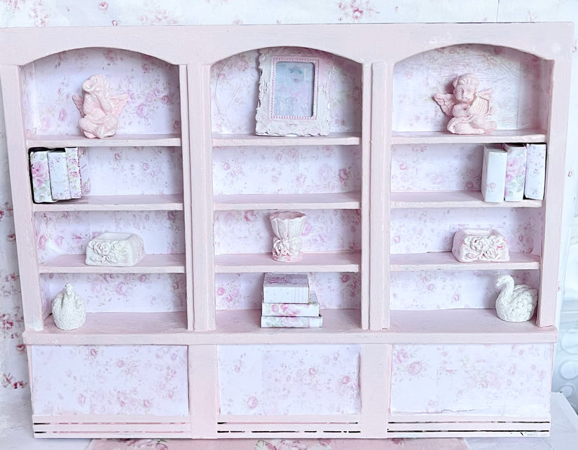 Chantallena Furniture Shabby Pink Roses Bookcase with Accessories| 1:12 Scale Painted Petals Furniture |Chantallena