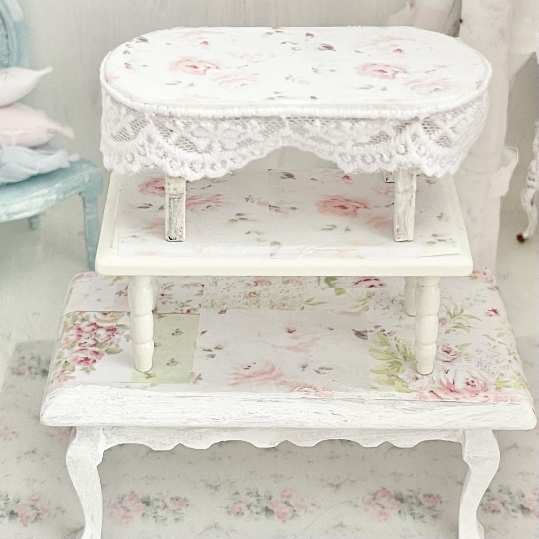 Chantallena Furniture Trio of Decoupaged White Tables -1:12 Scale |Painted Petals Furniture |Chantallena