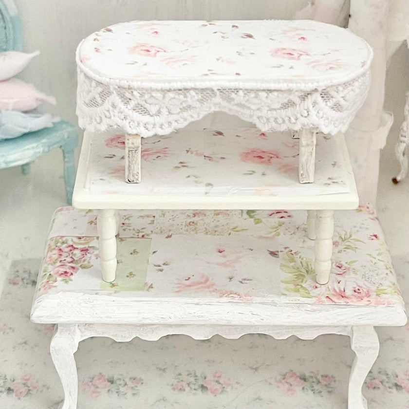Chantallena Furniture Trio of Decoupaged White Tables -1:12 Scale |Painted Petals Furniture |Chantallena