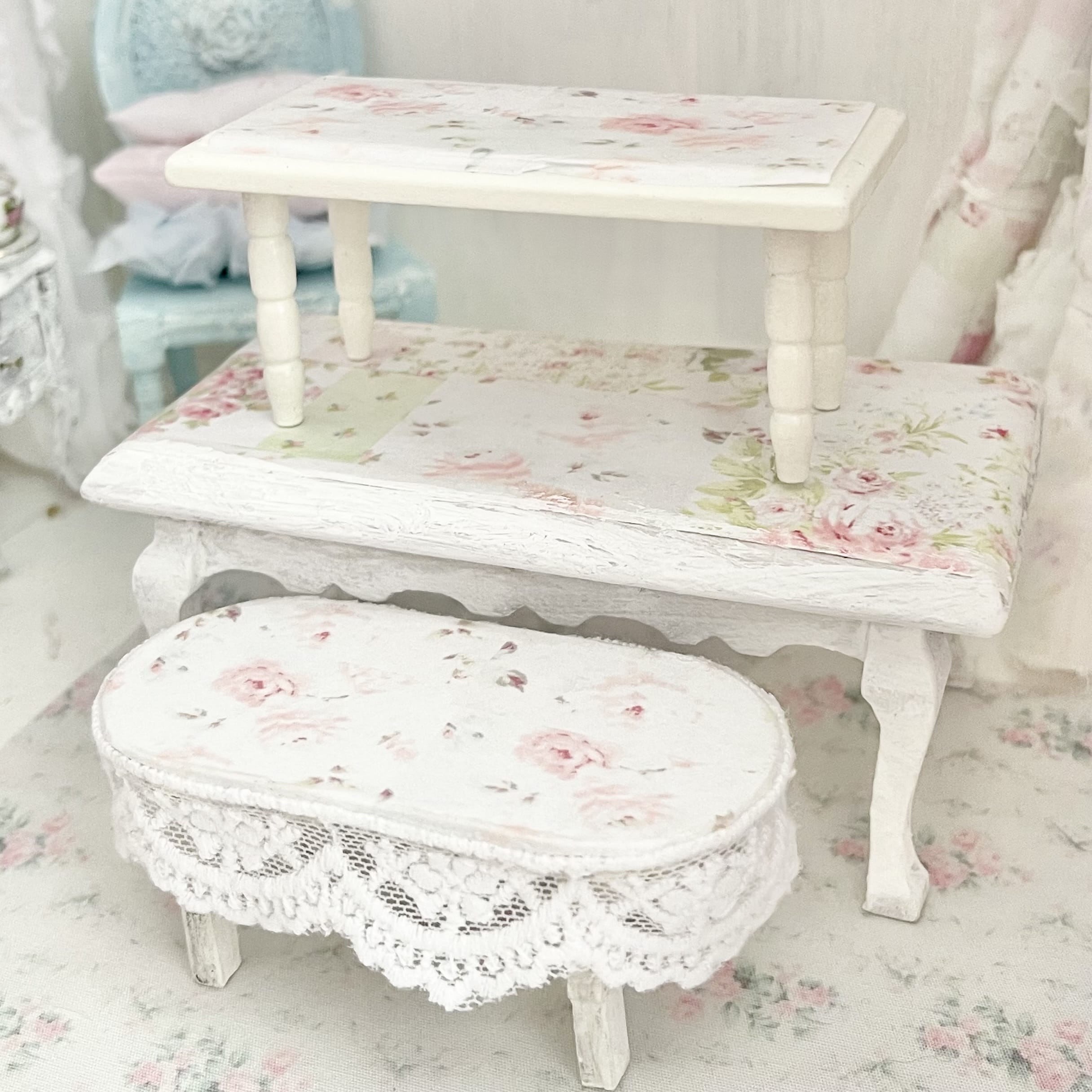 Chantallena Furniture Trio of Decoupaged White Tables -1:12 Scale |Painted Petals Furniture |Chantallena