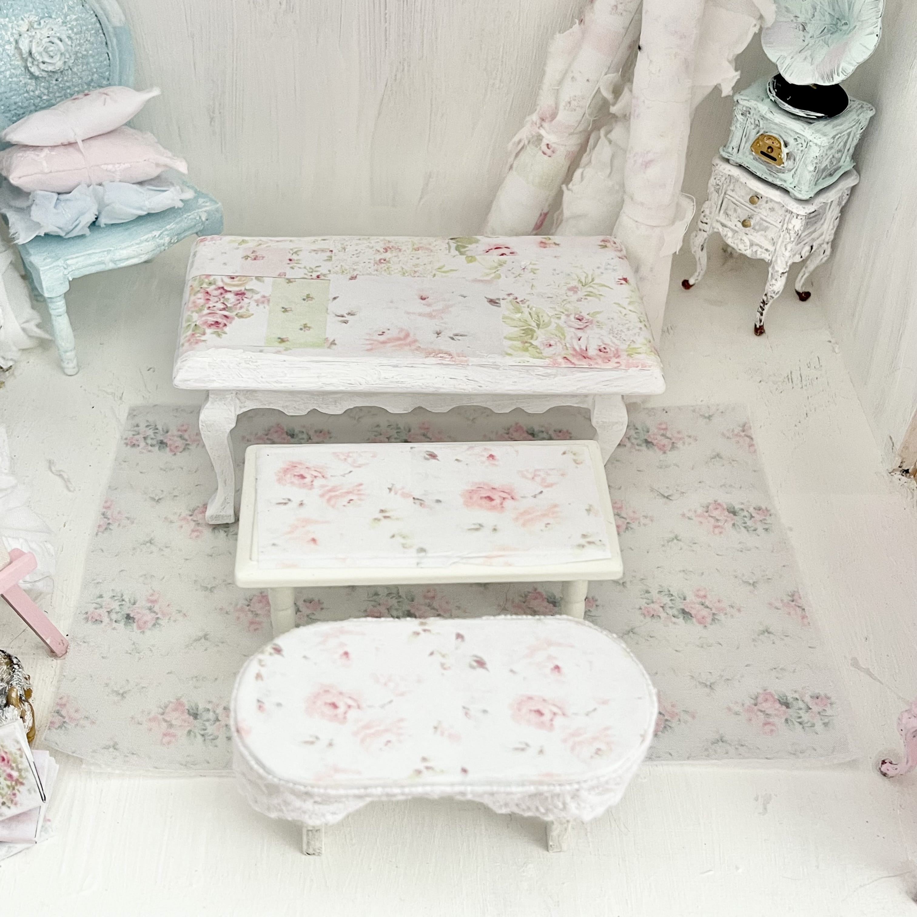 Chantallena Furniture Trio of Decoupaged White Tables -1:12 Scale |Painted Petals Furniture |Chantallena