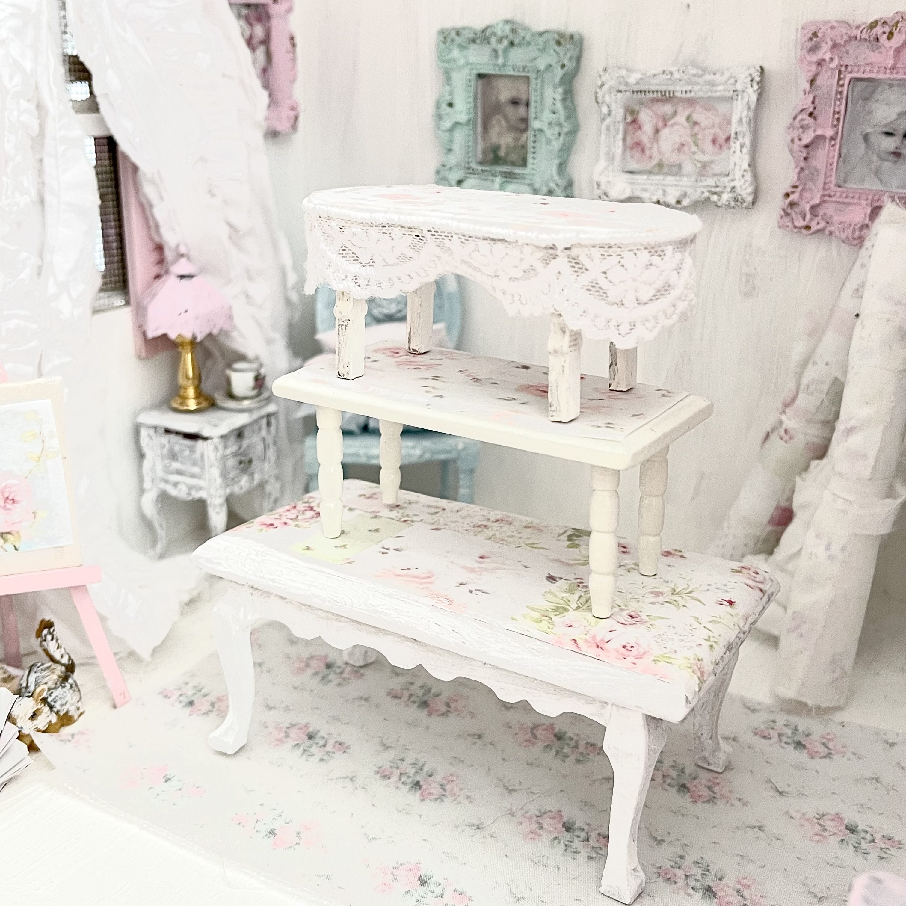 Chantallena Furniture Trio of Decoupaged White Tables -1:12 Scale |Painted Petals Furniture |Chantallena
