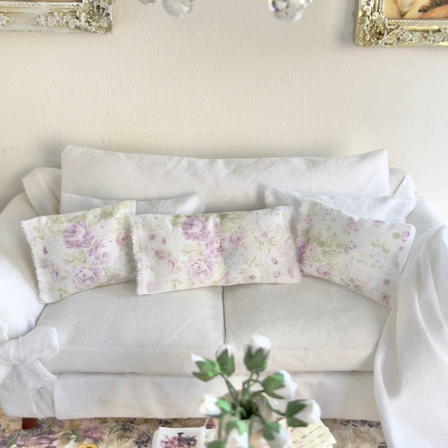 CHANTALLENA Pillow Set | Shabby Lavender Roses with Celery Accents and Throw- 1:12 scale | Shabby 3
