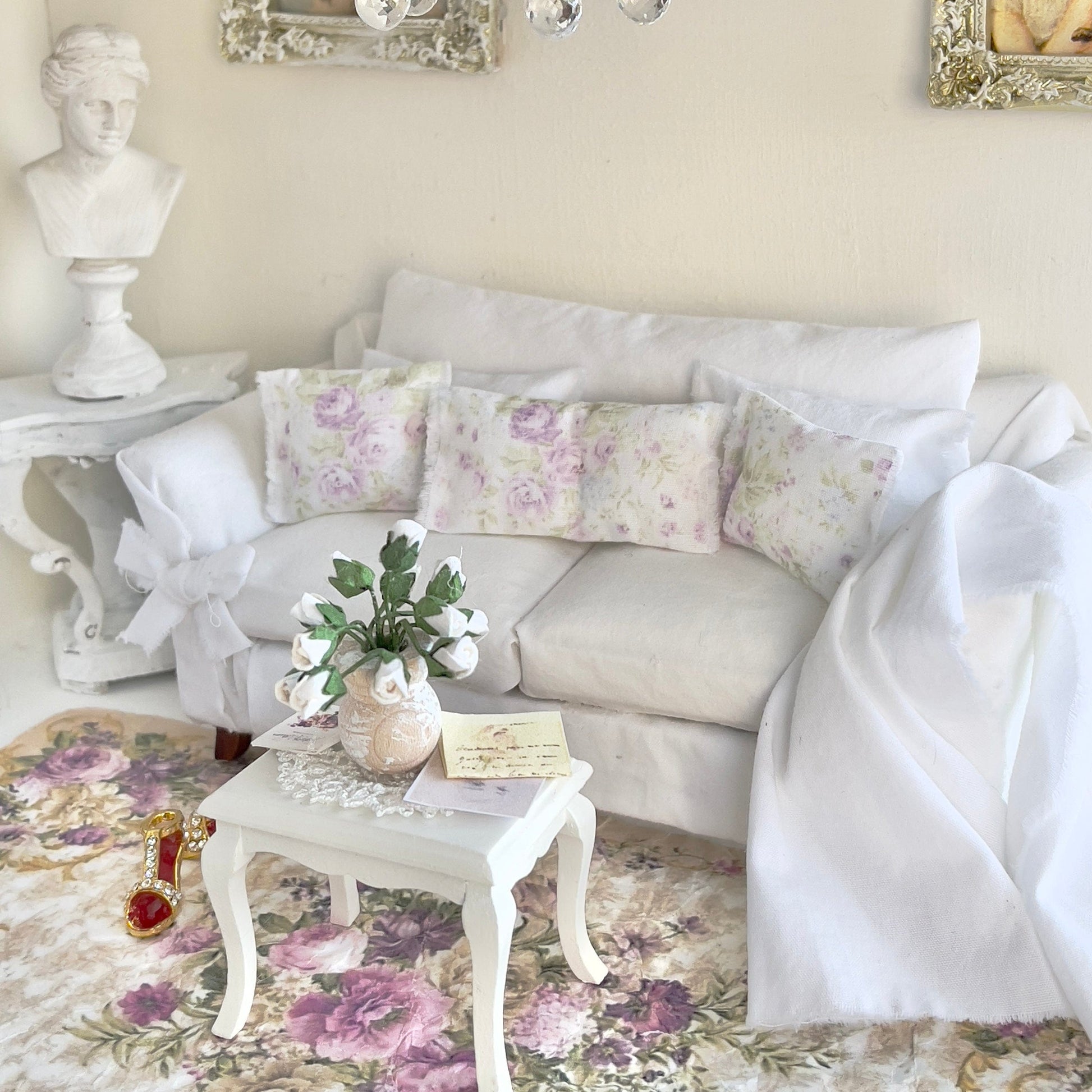 CHANTALLENA Pillow Set | Shabby Lavender Roses with Celery Accents and Throw- 1:12 scale | Shabby 3