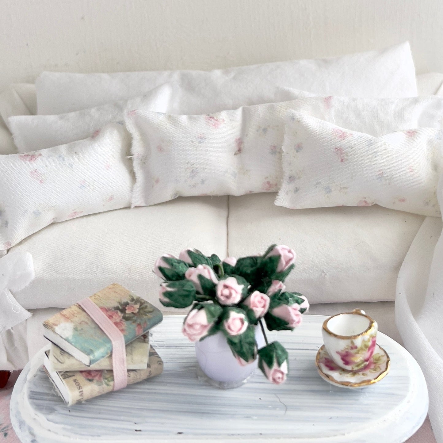 CHANTALLENA Pillow Set | Shabby Petite Pink and Blue Florals with Throw- 1:12 scale | Shabby 8