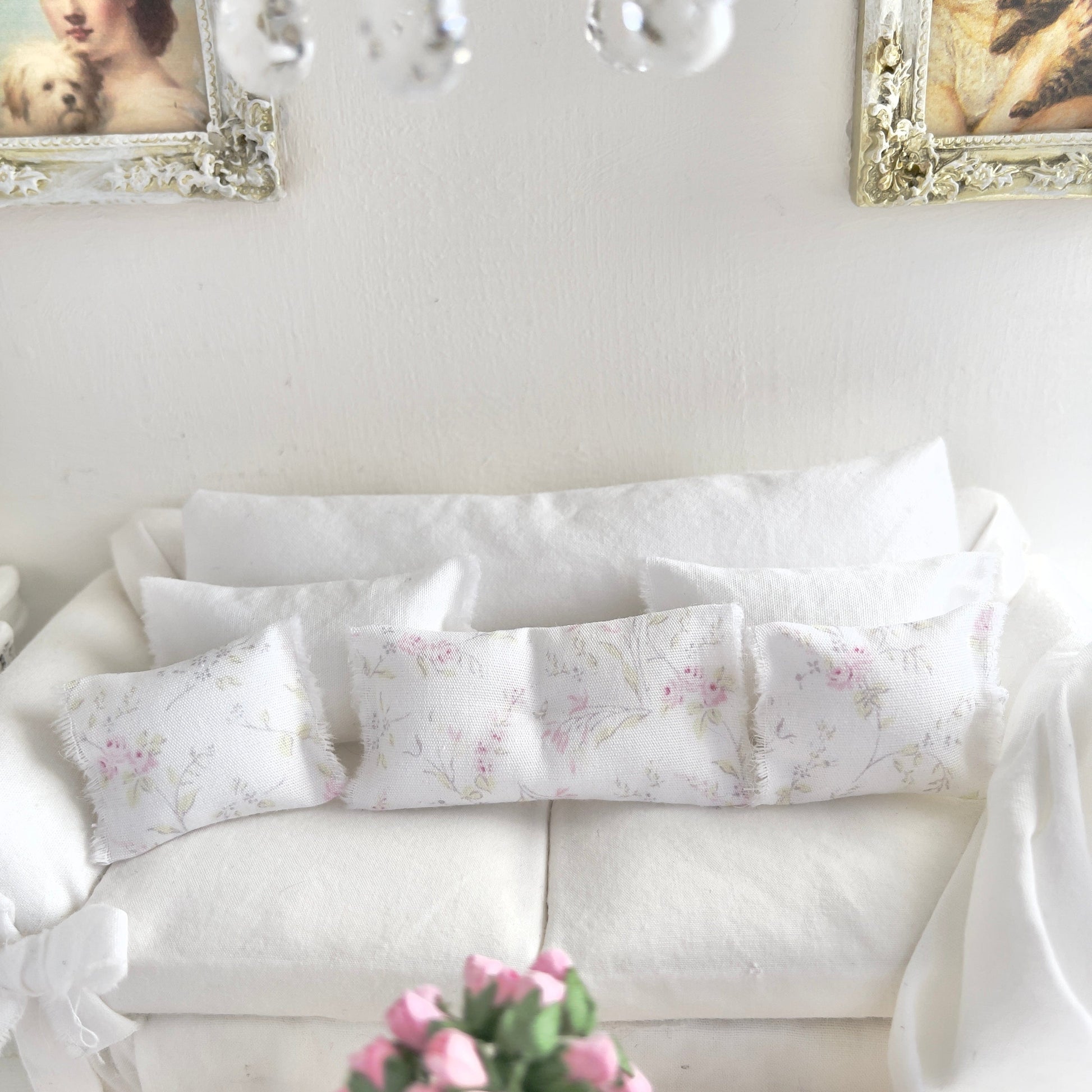CHANTALLENA Pillow Set | Shabby Petite Pink Wildflowers and Throw- 1:12 scale | Shabby 4