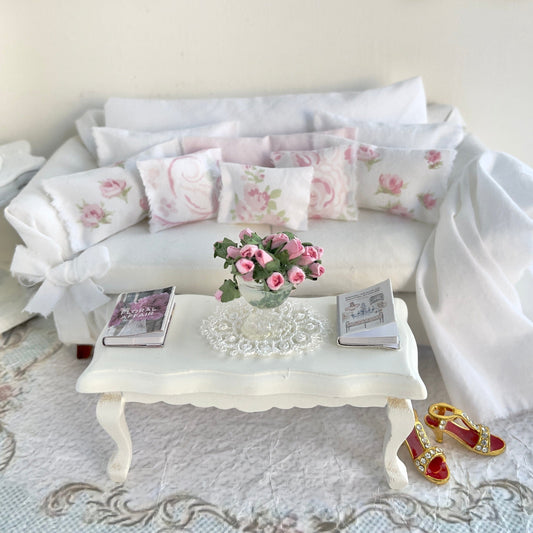 CHANTALLENA Pillow Set | Shabby Pink Roses and Celery Pillows with Throw- 1:12 scale | Shabby 1