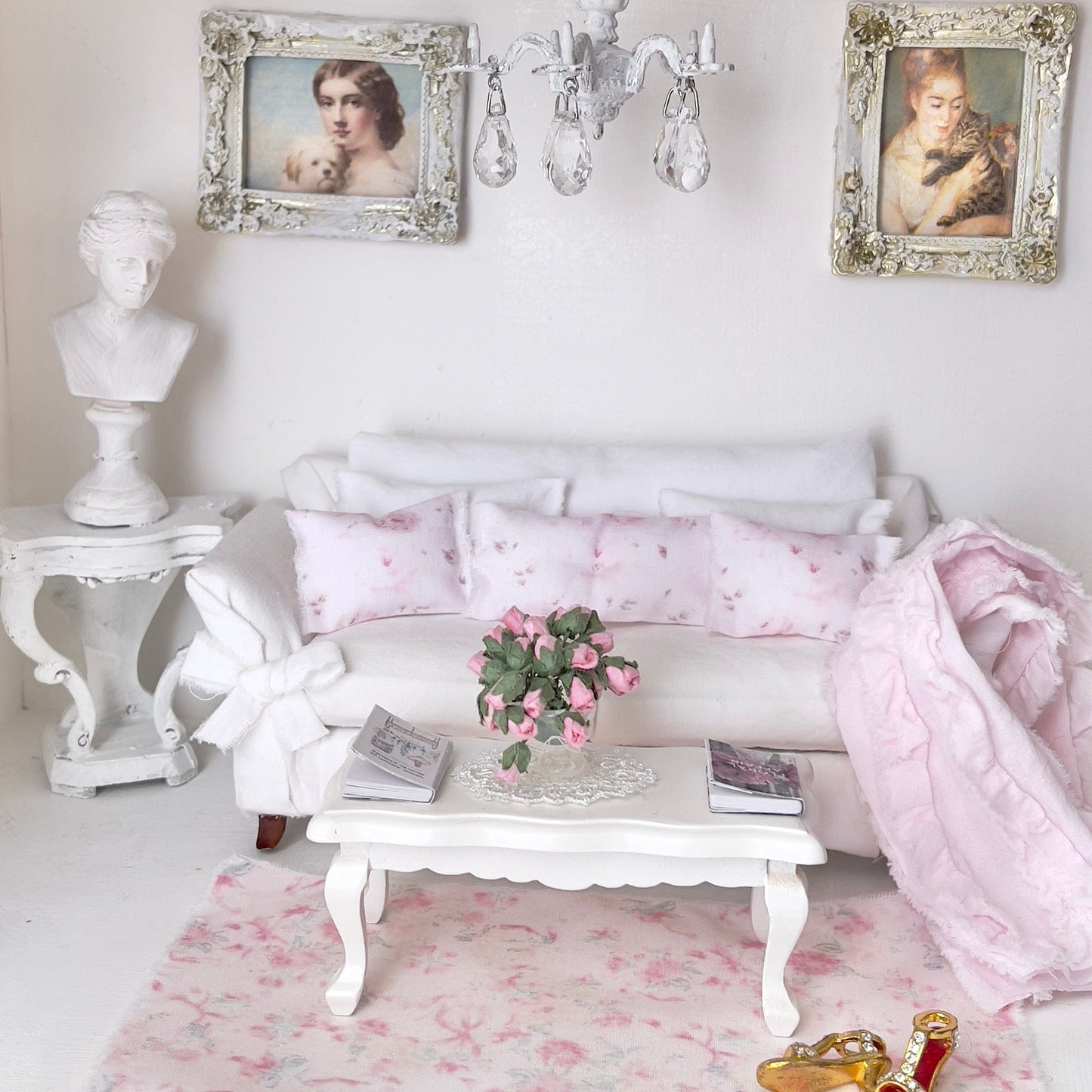 CHANTALLENA Pillow Set | Shabby Pink Roses and Pink Ruffled Throw- 1:12 scale | Shabby 6