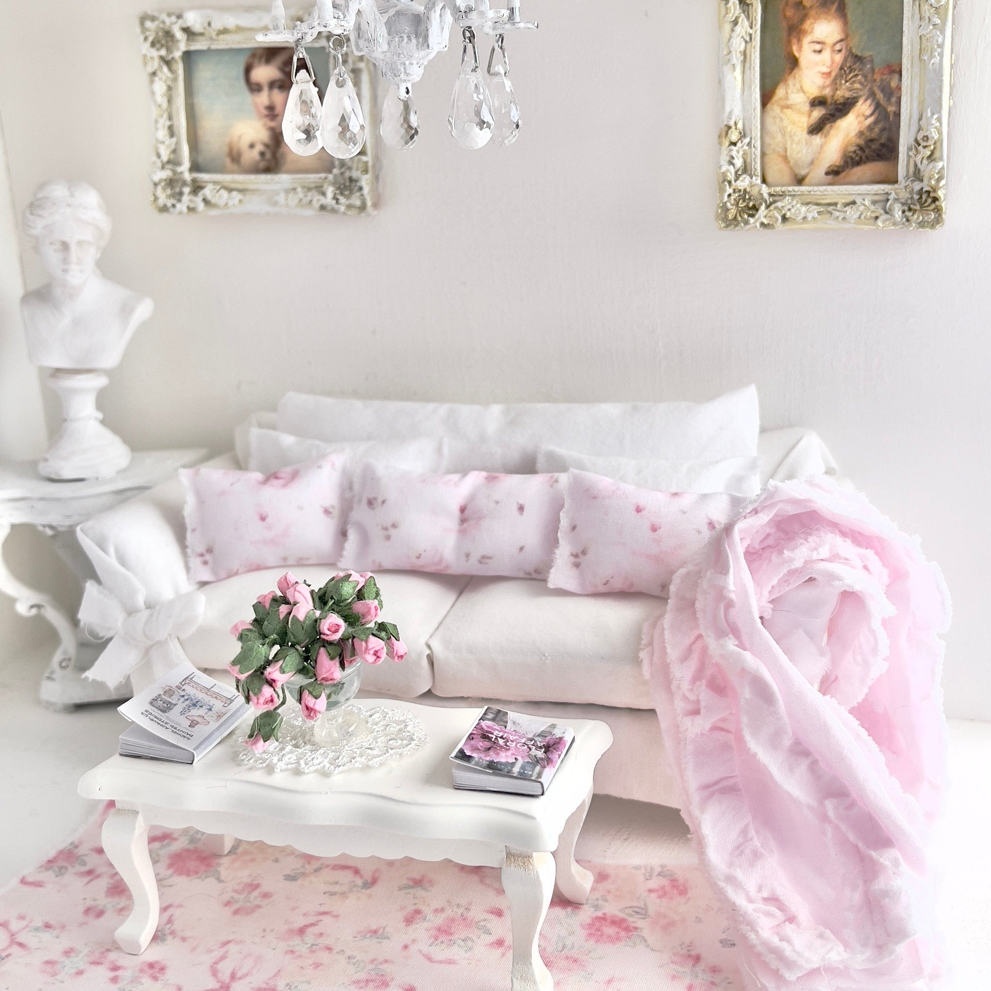 CHANTALLENA Pillow Set | Shabby Pink Roses and Pink Ruffled Throw- 1:12 scale | Shabby 6