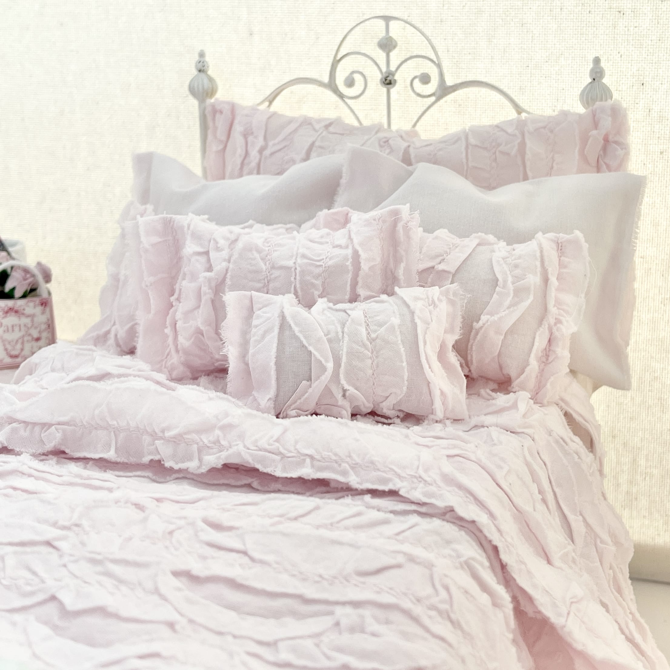 Chantallena pink ruffles 1:6 Scale Christina Grace|  Pink Cotton Lawn Distressed Ruffles Bedding Set | Kate