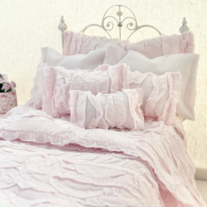 Chantallena pink ruffles 1:6 Scale Christina Grace|  Pink Cotton Lawn Distressed Ruffles Bedding Set | Kate