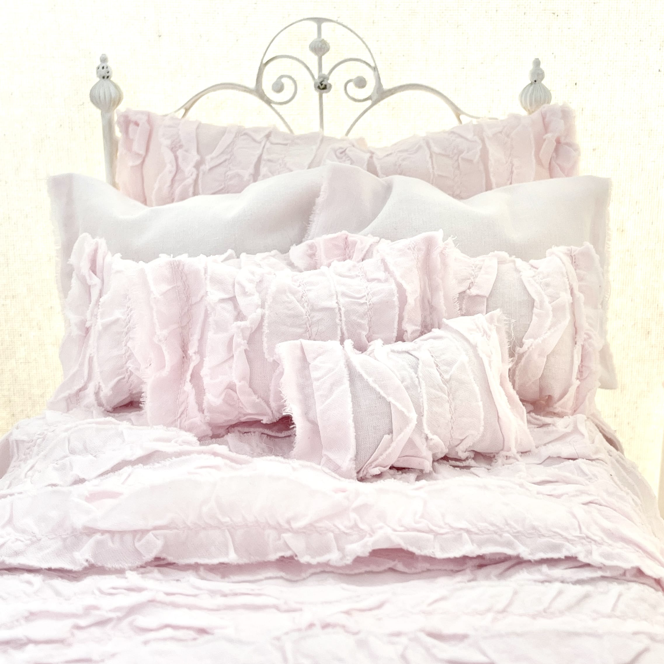 Chantallena pink ruffles 1:6 Scale Christina Grace|  Pink Cotton Lawn Distressed Ruffles Bedding Set | Kate