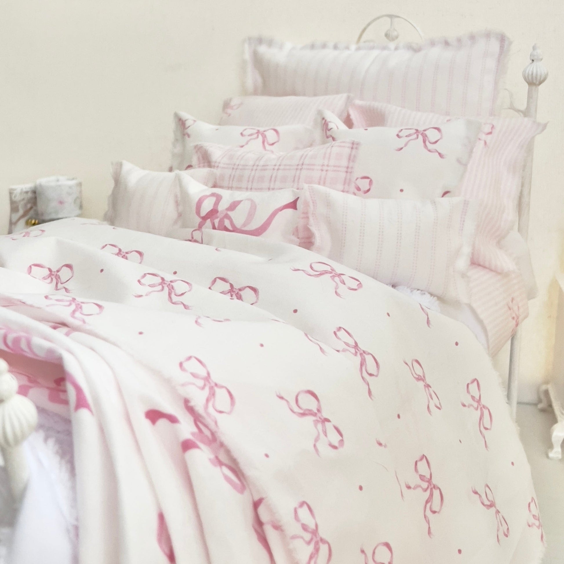 Chantallena pink ruffles 1:6 Scale | Pink Bows with Stripes Cotton Bedding Set | Ruthie