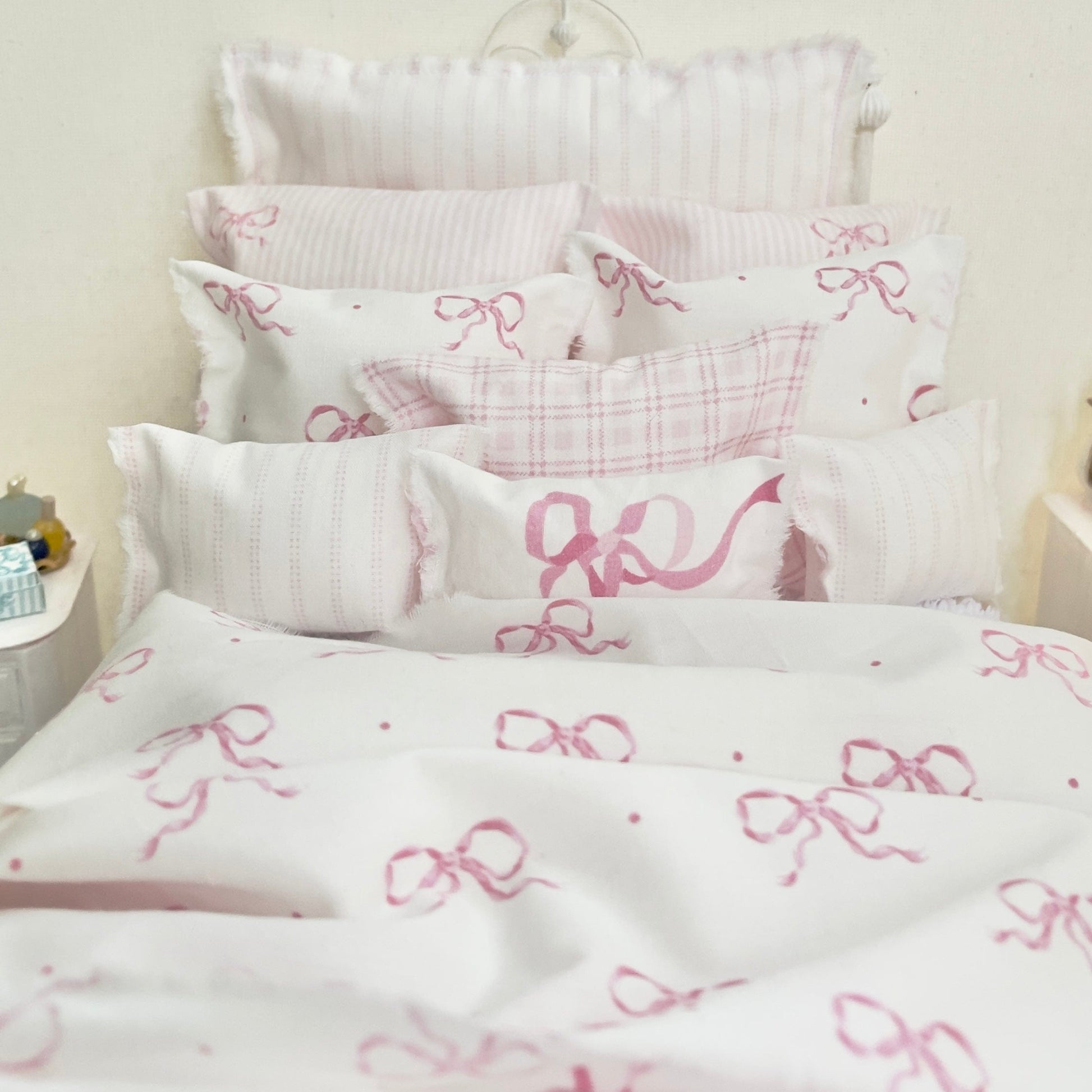 Chantallena pink ruffles 1:6 Scale | Pink Bows with Stripes Cotton Bedding Set | Ruthie