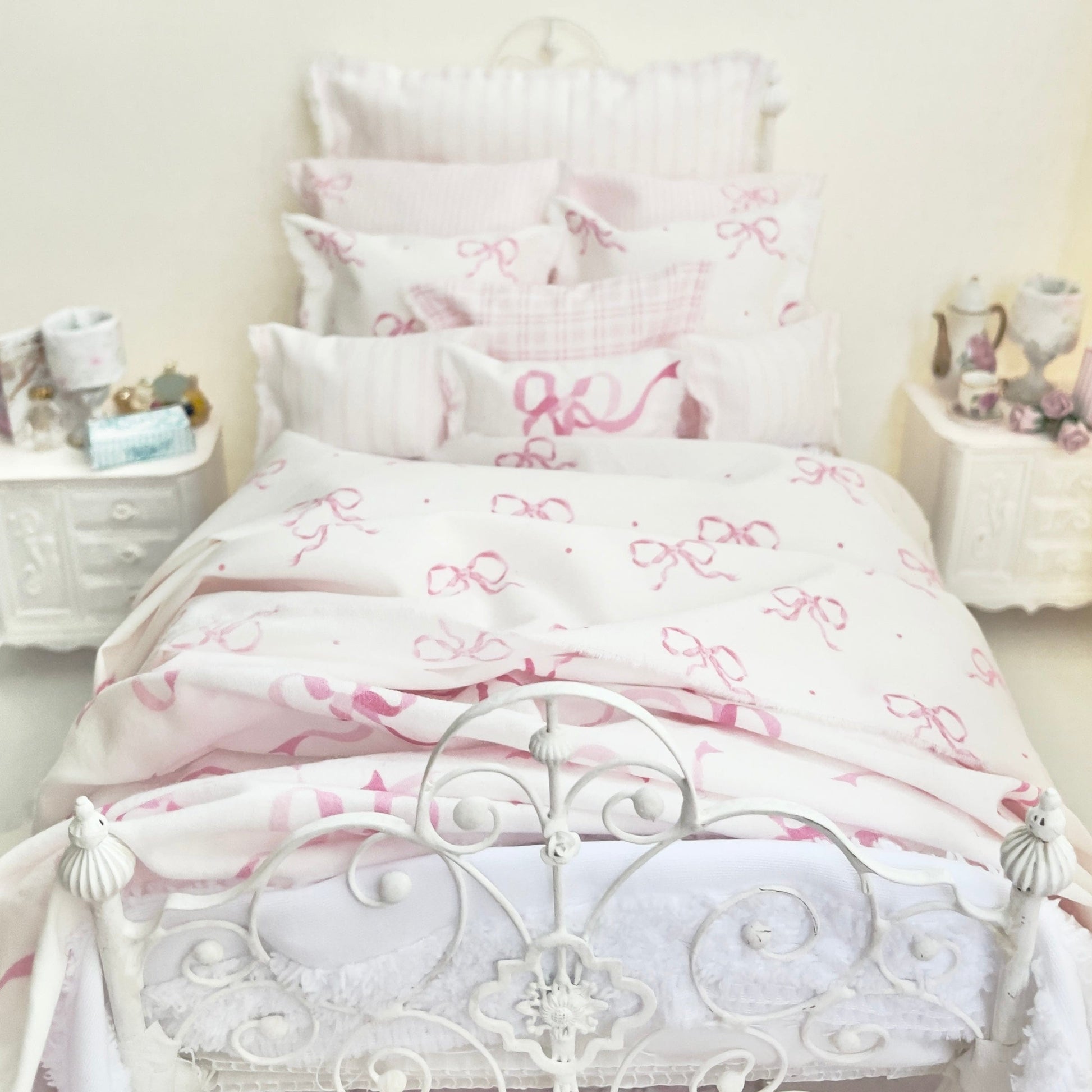 Chantallena pink ruffles 1:6 Scale | Pink Bows with Stripes Cotton Bedding Set | Ruthie