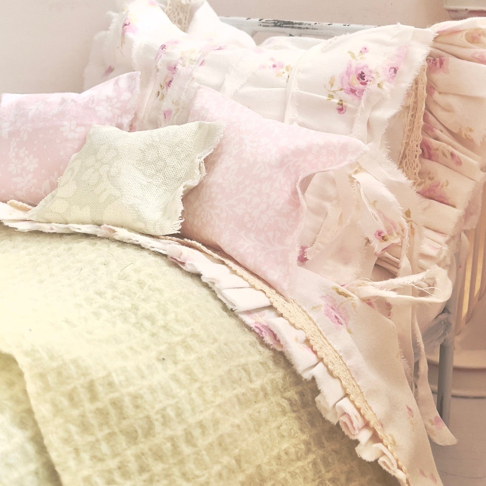 Chantallena pink ruffles Spring Willow 1:6 Scale | Pink Pinks on Creamy Off White Cotton Bedding Set | All About the Rose