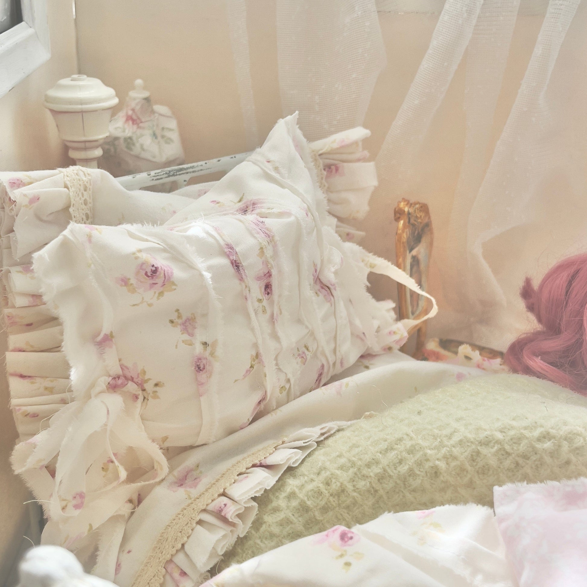Chantallena pink ruffles Spring Willow 1:6 Scale | Pink Pinks on Creamy Off White Cotton Bedding Set | All About the Rose
