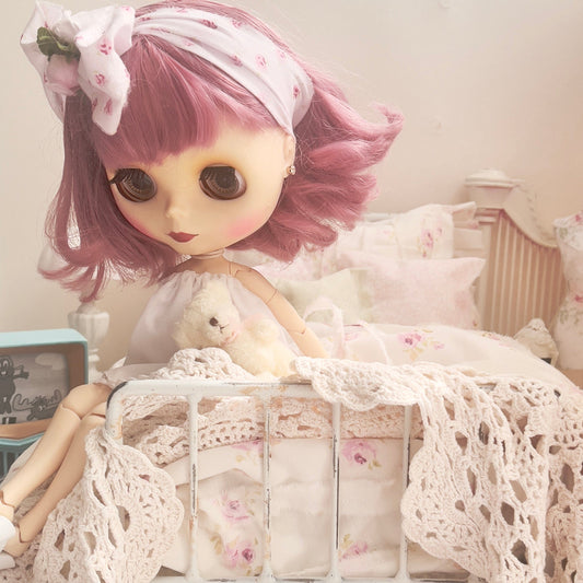 Chantallena pink ruffles Spring Willow 1:6 Scale | Pink Pinks on Creamy Off White Cotton Bedding Set | All About the Rose