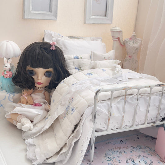Chantallena pink ruffles Spring Willow 1:6 Scale | Reversible Blue Roses Quilt with White Cotton Bedding Set | Blues Away