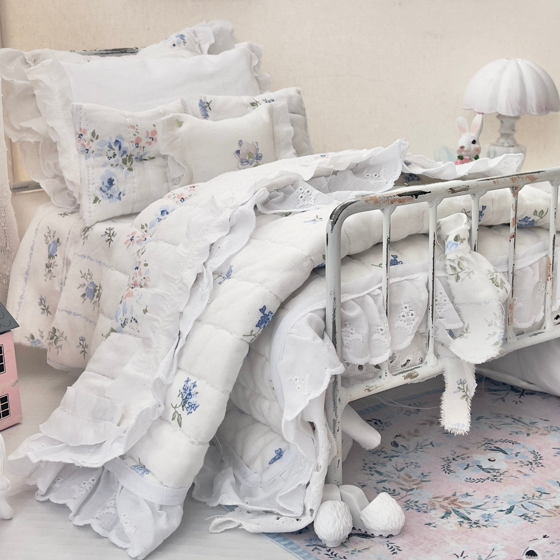 Chantallena pink ruffles Spring Willow 1:6 Scale | Reversible Blue Roses Quilt with White Cotton Bedding Set | Blues Away