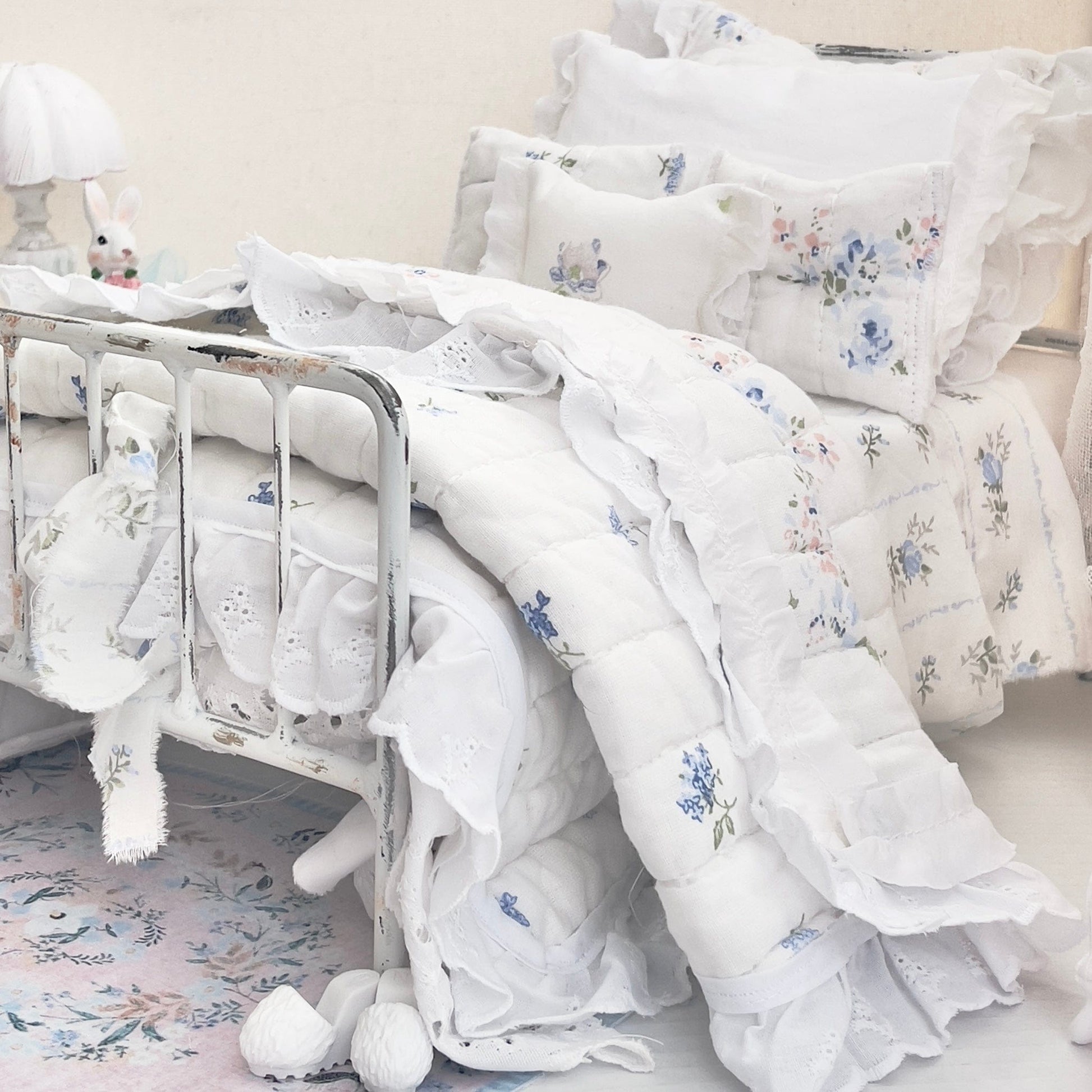 Chantallena pink ruffles Spring Willow 1:6 Scale | Reversible Blue Roses Quilt with White Cotton Bedding Set | Blues Away