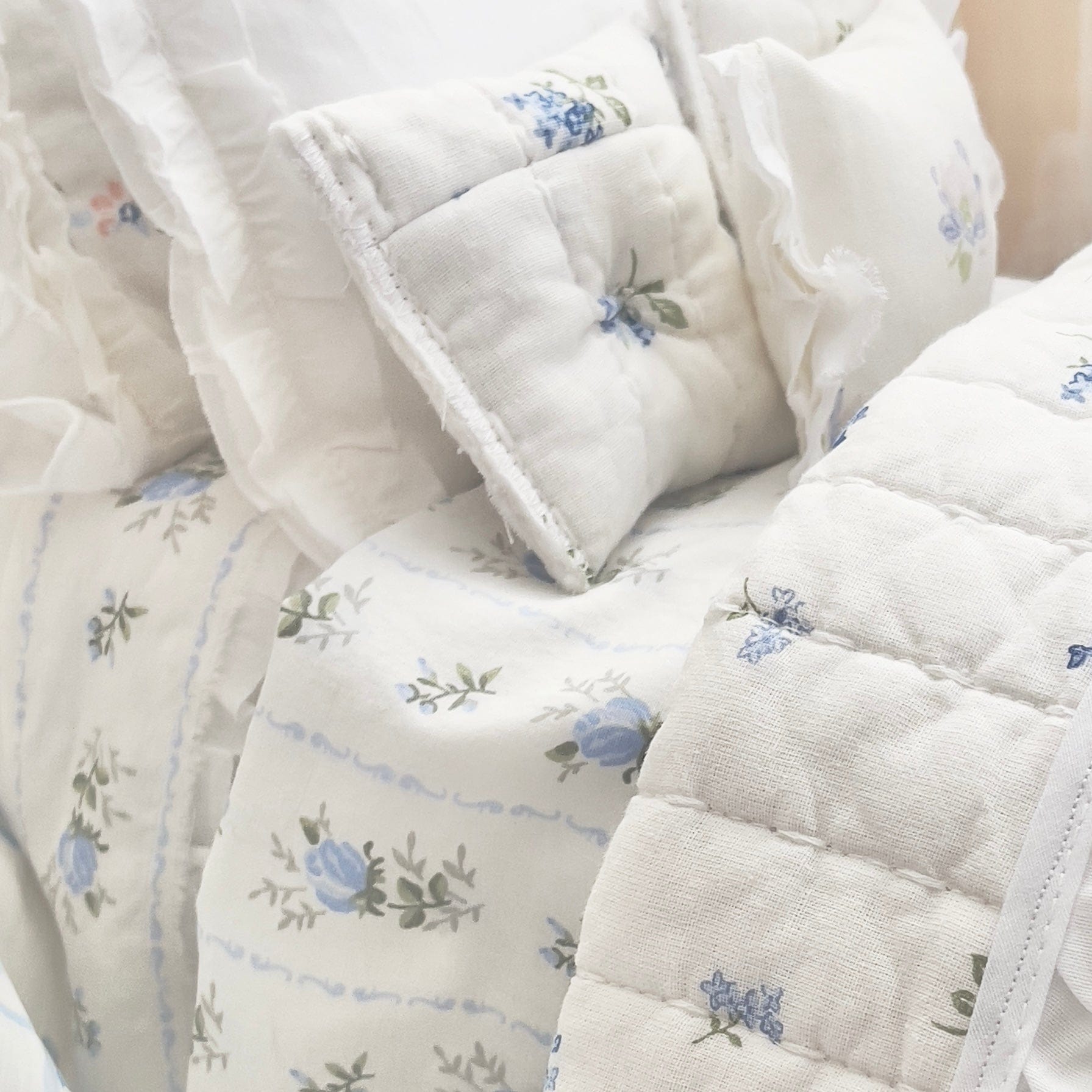 Chantallena pink ruffles Spring Willow 1:6 Scale | Reversible Blue Roses Quilt with White Cotton Bedding Set | Blues Away