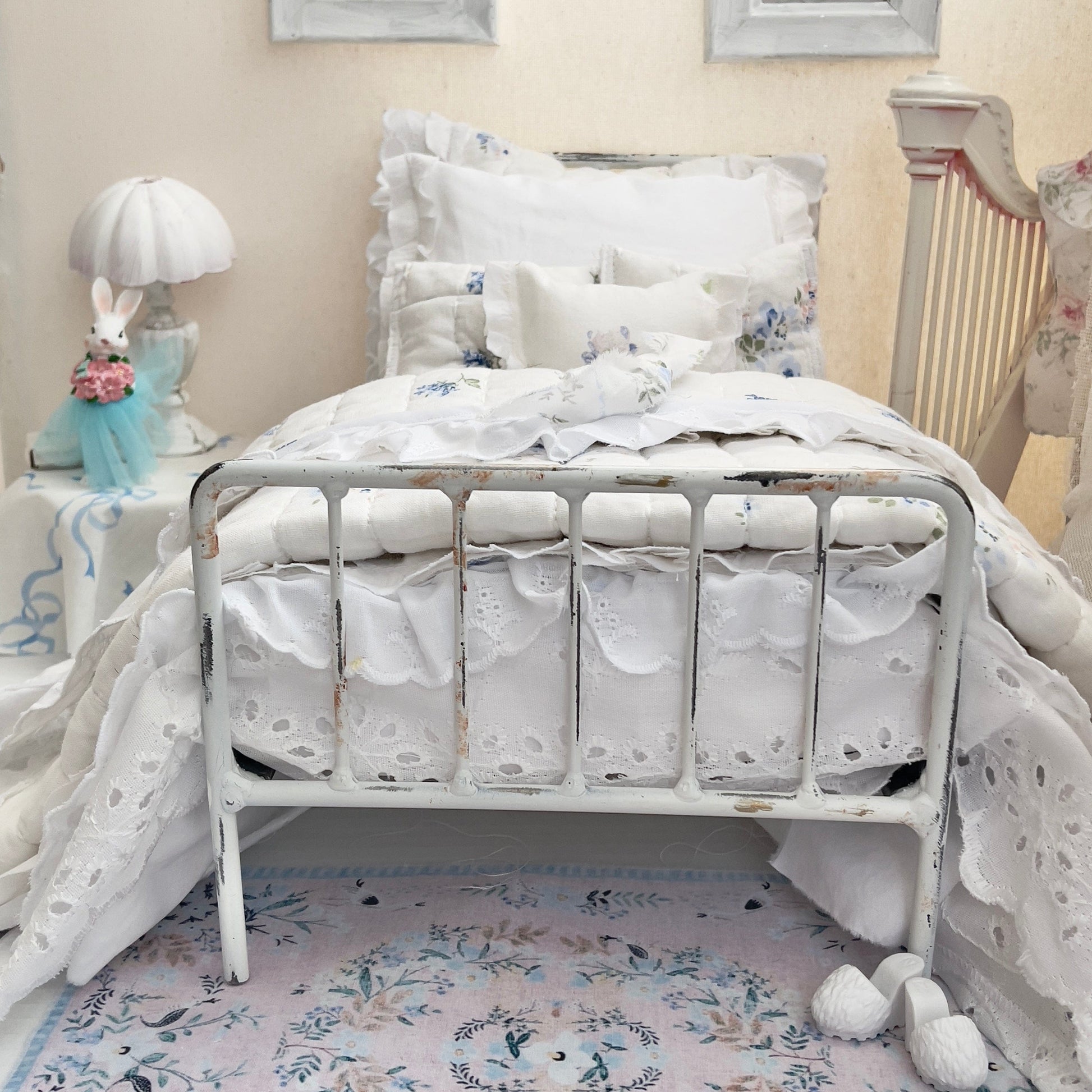 Chantallena pink ruffles Spring Willow 1:6 Scale | Reversible Blue Roses Quilt with White Cotton Bedding Set | Blues Away