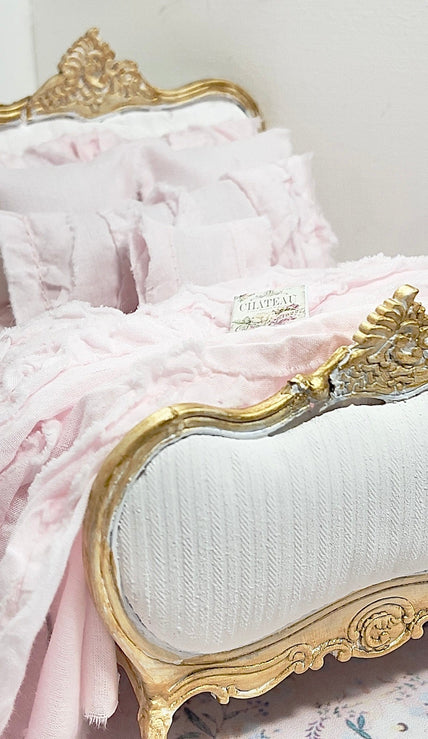 Chantallena Shabby Bed Linens 1:12 Scale Dollhouse Bedding Set- Pippa Forever in Bloom Pink Cotton Lawn Ruffles| Chantallena