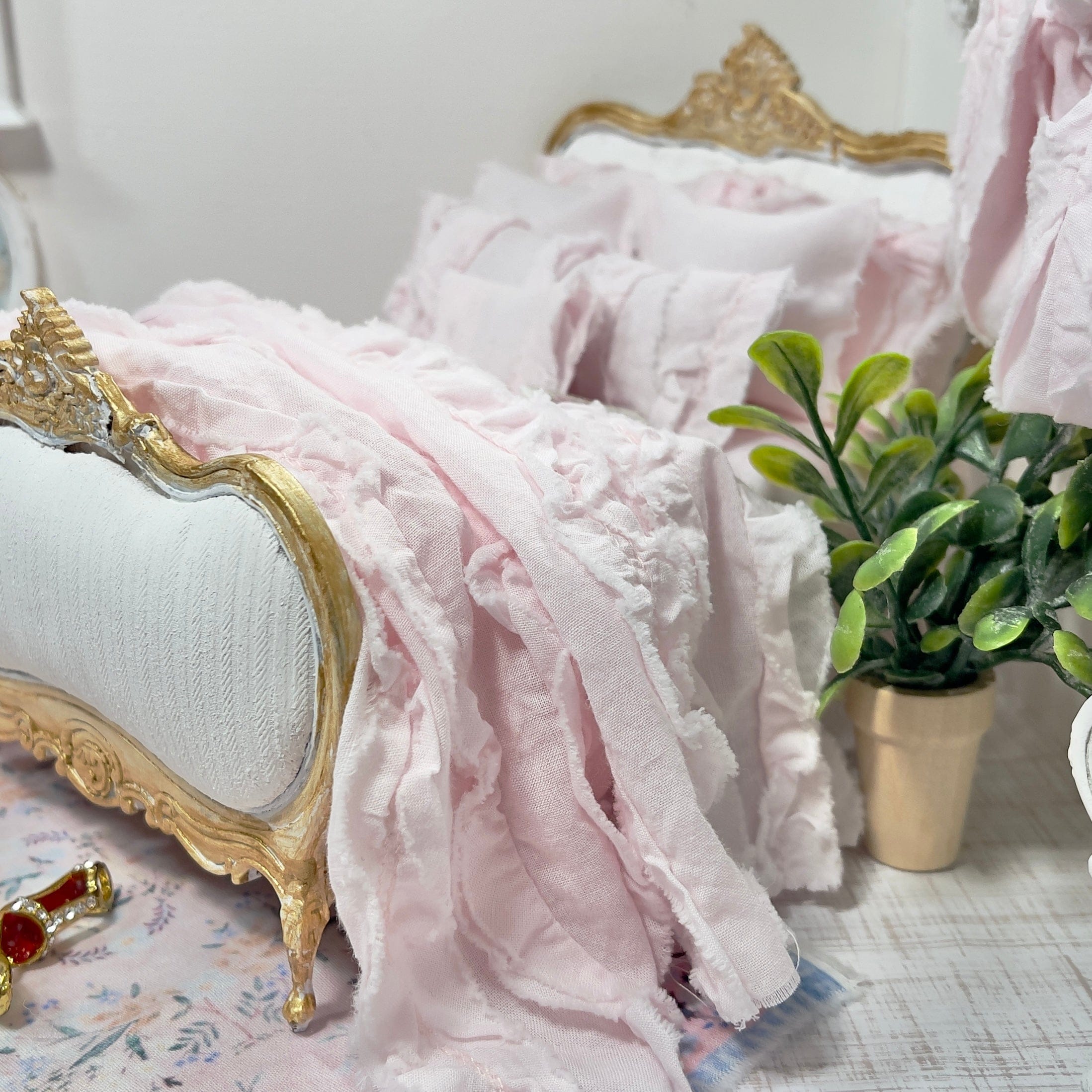Chantallena Shabby Bed Linens 1:12 Scale Dollhouse Bedding Set- Pippa Forever in Bloom Pink Cotton Lawn Ruffles| Chantallena